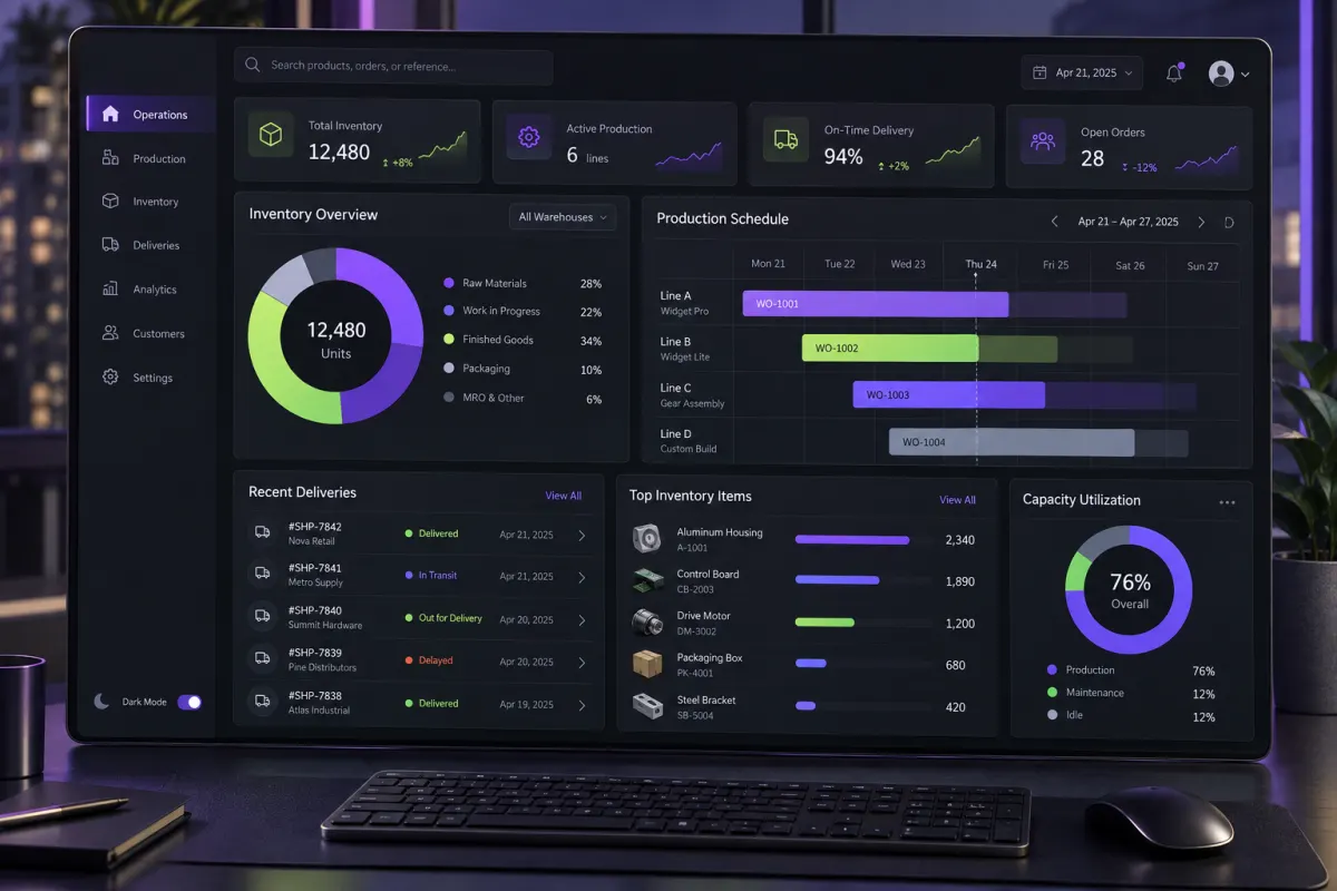 Manufacturing ERP operations dashboard with production, inventory and cashflow